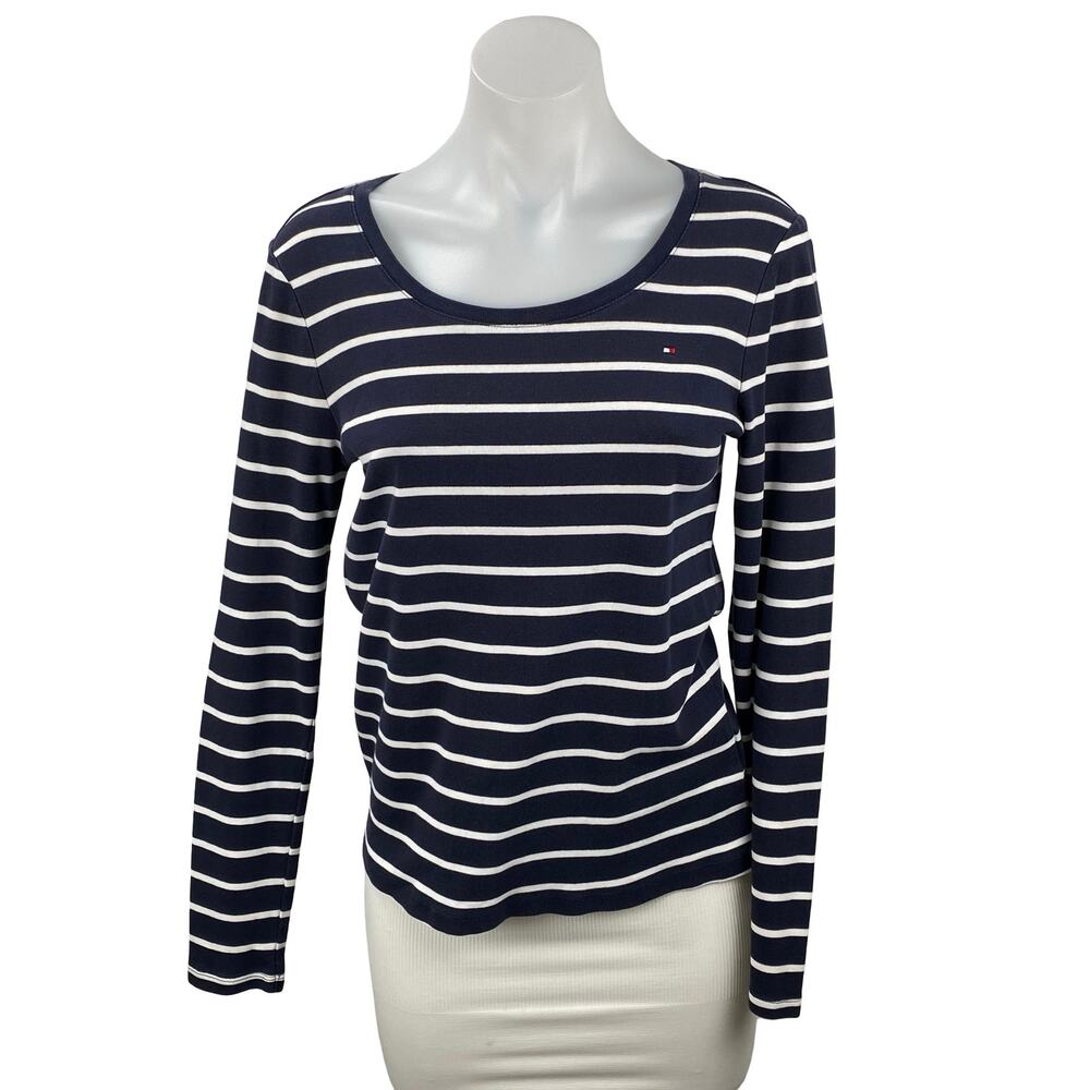 Tommy Hilfiger Women's Navy Blue Striped Logo Long Sleeve T Shirt Tee Top Size S
